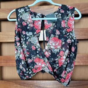 Nightwalker Black & Pink Floral Sheer Twisted Crop Top, O/S